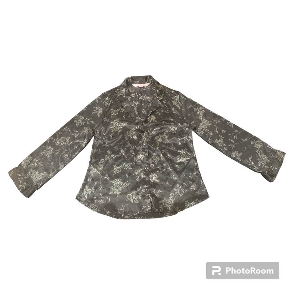 Victoria’s Secret Black Satin Button Up Top with Green Floral Pattern, Size S